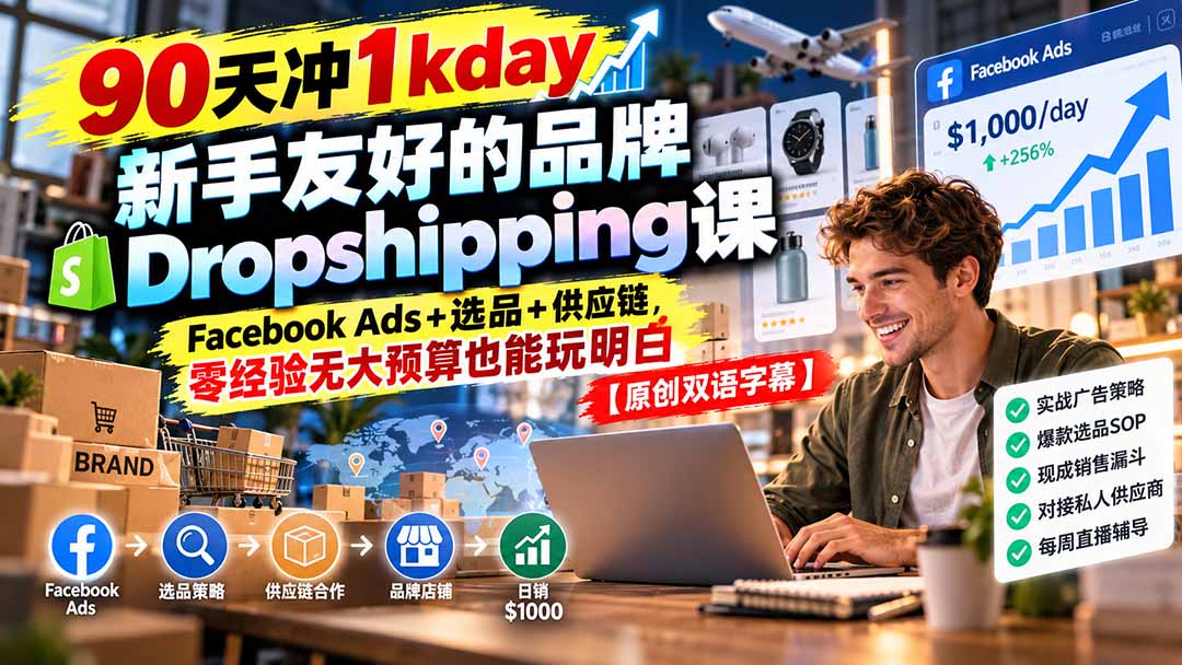 （20738期）90天冲1kday 新手友好的品牌Dropshipping课：Facebook Ads+选品+供应链，零经验无大预算也能玩明白【原创双语字幕】-知创网