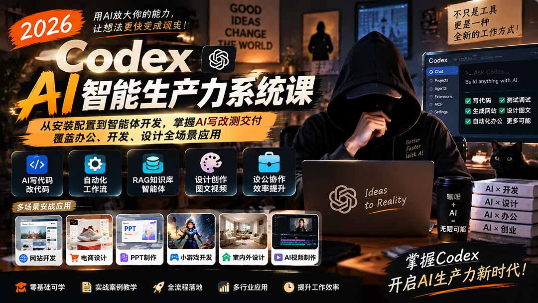 (20535期)2026 Codex AI智能生产力系统课-更新|从安装配置到智能体开发,掌握AI写改测交付,覆盖办公、开发、设计全场景应用-知创网
