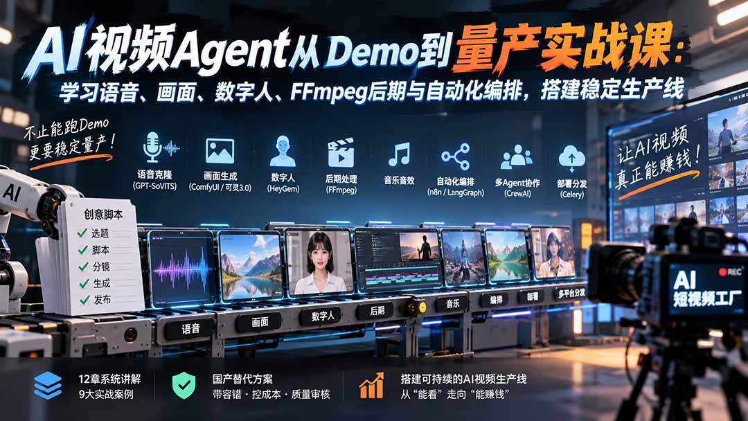 （20451期）AI视频Agent从Demo到量产实战课：学习语音、画面、数字人、FFmpeg后期与自动化编排，搭建稳定生产线-知创网
