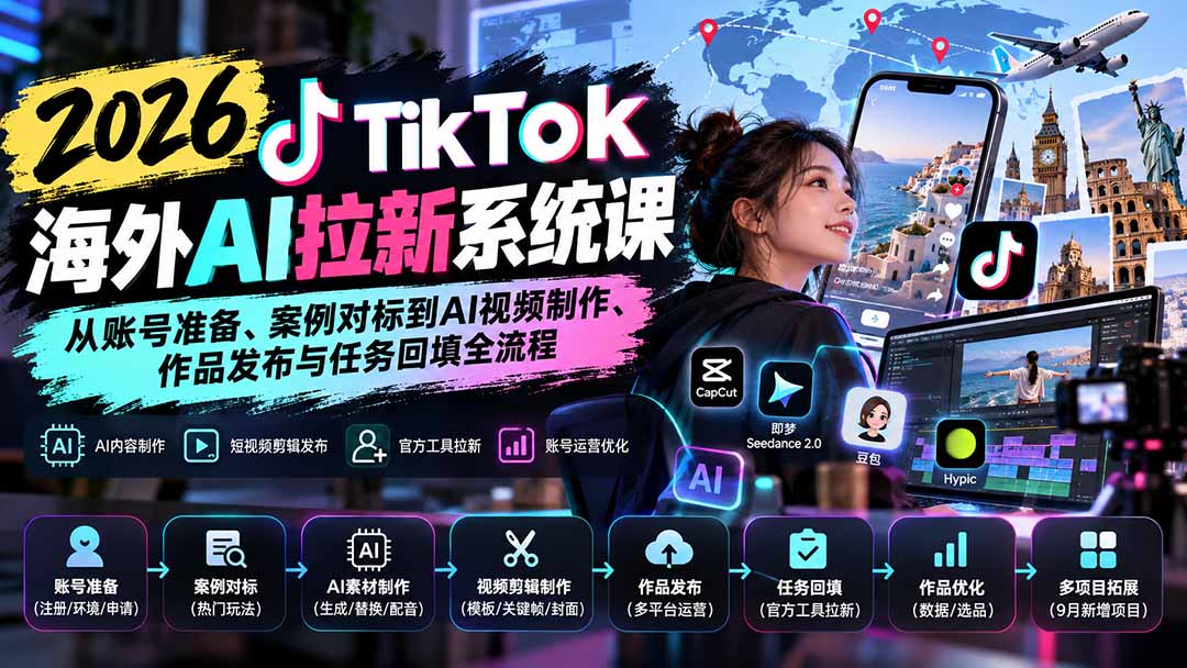 （20675期）【无水印】2026 TikTok海外AI拉新系统课：从账号准备、案例对标到AI视频制作、作品发布与任务回填全流程-知创网
