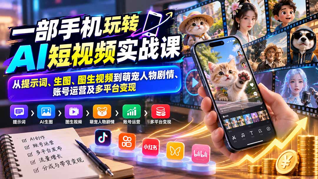 （20663期）一部手机玩转AI短视频实战课：从提示词、生图、图生视频到萌宠人物剧情、账号运营及多平台变现-知创网