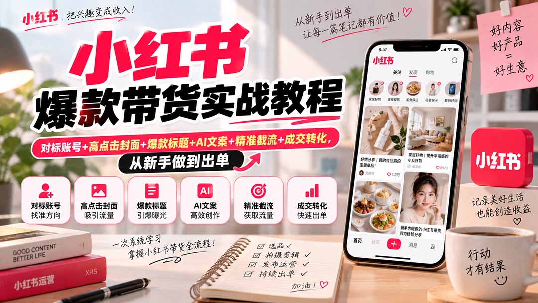 (20473期)小红书爆款带货实战教程|对标账号+高点击封面+爆款标题+AI文案+精准截流+成交转化,从新手做到出单-知创网