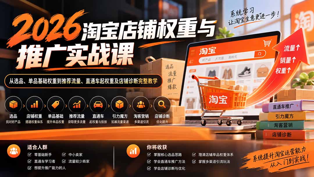 （20411期）2026淘宝店铺权重与推广实战课：从选品、单品基础权重到推荐流量、直通车起权重及店铺诊断完整教学-知创网