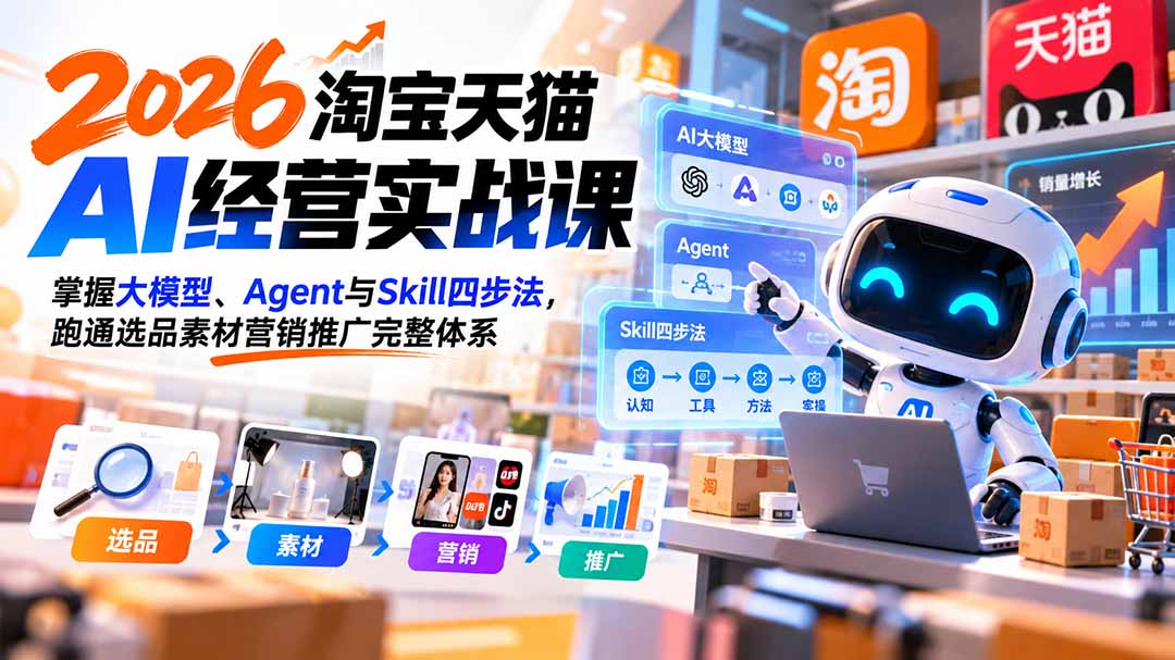 （20676期）【无水印】2026淘宝天猫AI经营实战课：掌握大模型、Agent与Skill四步法，跑通选品素材营销推广完整体系-知创网