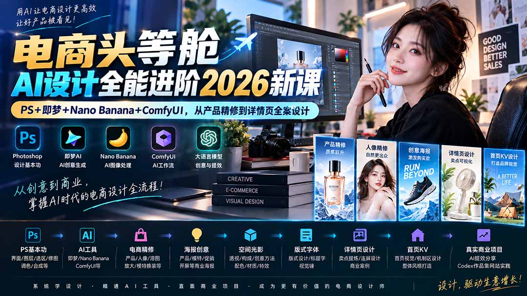 (20284期)电商头等舱AI设计全能进阶2026新课:PS+即梦+Nano Banana+ComfyUI,从产品精修到详情页全案设计-知创网