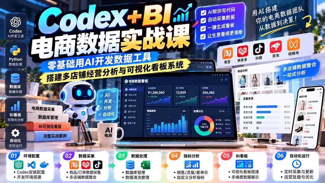 （20665期）Codex+BI电商数据实战课：零基础用AI开发数据工具，搭建多店铺经营分析与可视化看板系统-知创网