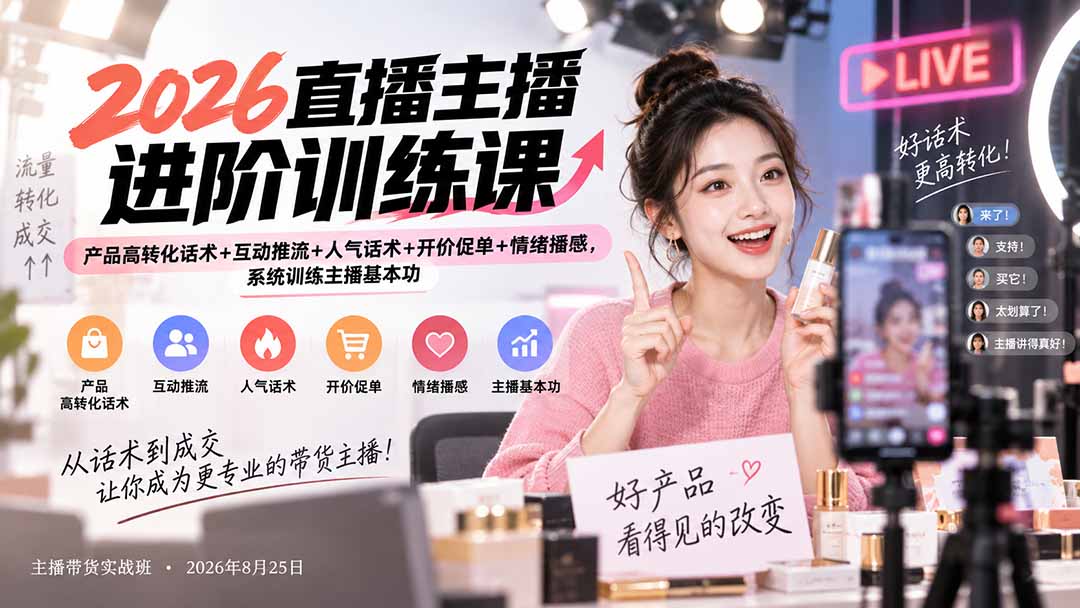 （20408期）2026直播主播进阶训练课：产品高转化话术+互动推流+人气话术+开价促单+情绪播感，系统训练主播基本功-知创网