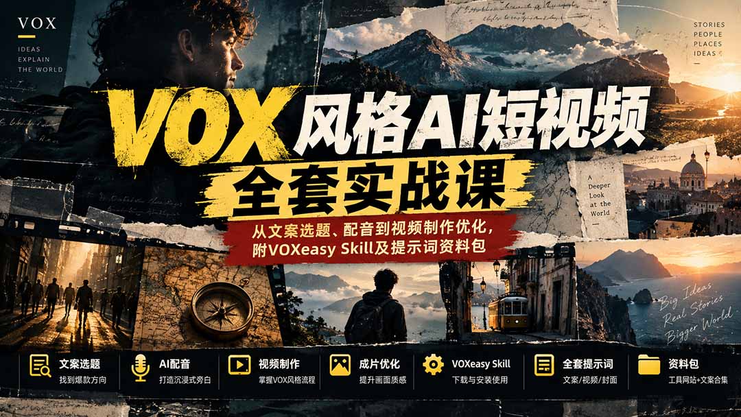 （20677期）【无水印】VOX风格AI短视频全套实战课：从文案选题、配音到视频制作优化，附VOXeasy Skill及提示词资料包-知创网