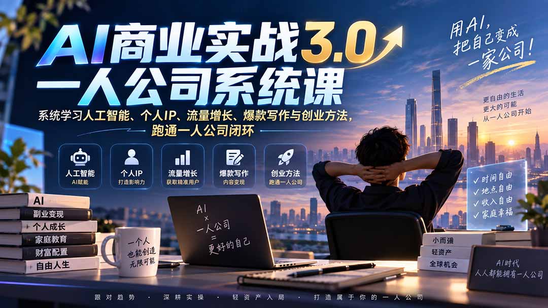 （20249期）AI商业实战3.0一人公司系统课：系统学习人工智能、个人IP、流量增长、爆款写作与创业方法，跑通一人公司闭环-知创网