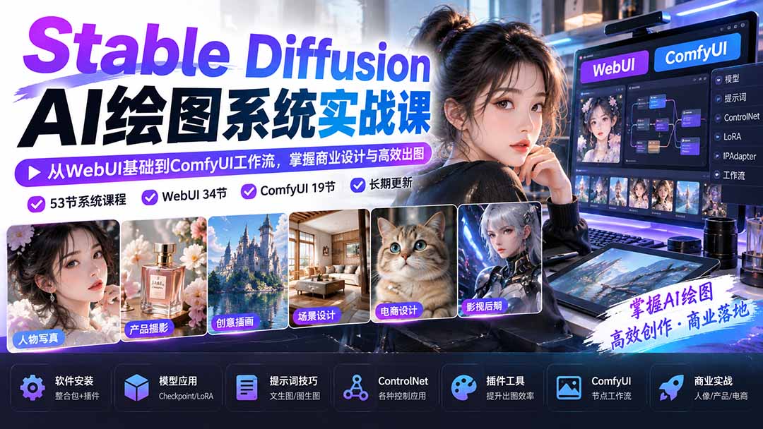 （20678期）Stable Diffusion AI绘图系统实战课：从WebUI基础到ComfyUI工作流，掌握商业设计与高效出图-知创网