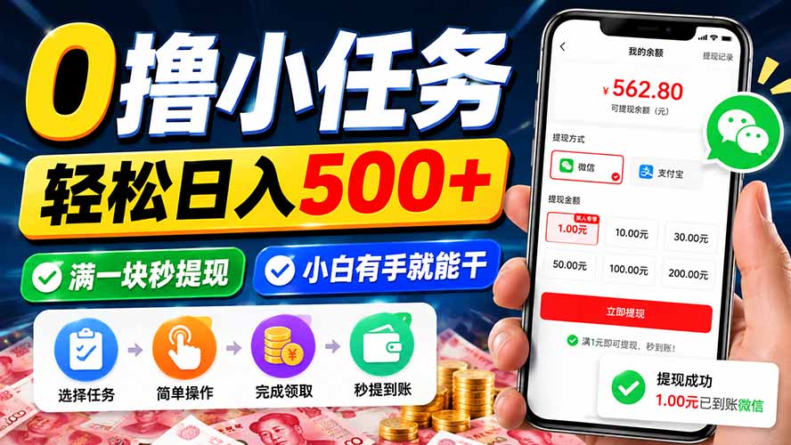 (20192期)0撸小任务,轻松日入500+,满一块秒提现,小白有手就能干-知创网