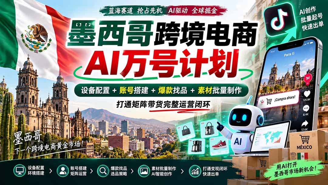 (20500期)墨西哥AI跨境电商万号计划|设备配置+账号搭建+爆款找品+素材批量制作,打通矩阵带货完整运营闭环-知创网