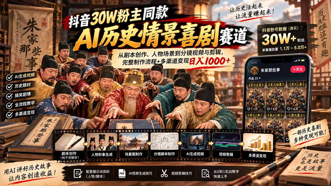 (20613期)抖音30W粉博主同款AI历史情景喜剧赛道:从剧本创作、人物场景到分镜视频与剪辑,完整制作流程+多渠道变现日入1000+-知创网