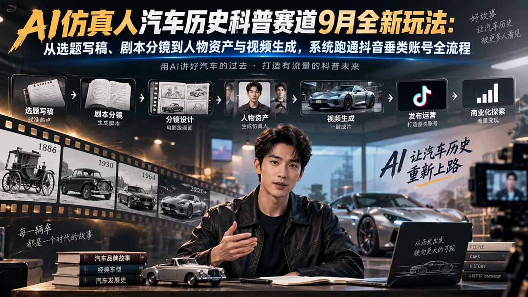 (20413期)AI仿真人汽车历史科普赛道9月全新玩法:从选题写稿、剧本分镜到人物资产与视频生成,系统跑通抖音垂类账号全流程-知创网
