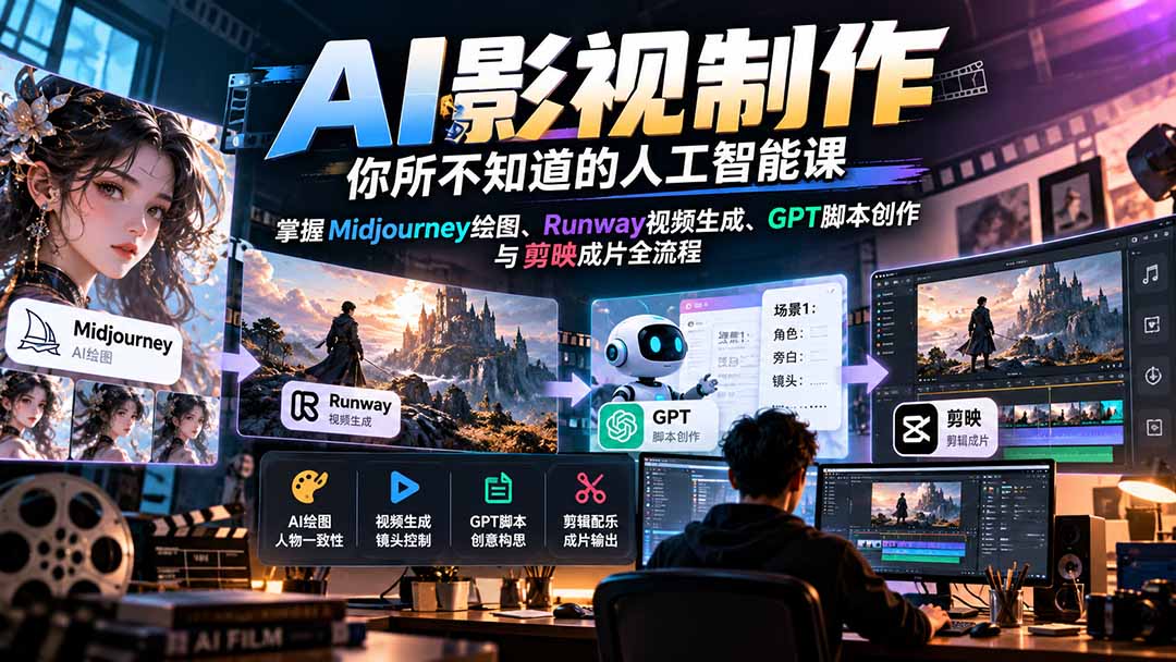 (20681期)AI影视制作-你所不知道的人工智能课,掌握Midjourney绘图、Runway视频生成、GPT脚本创作与剪映成片全流程-知创网