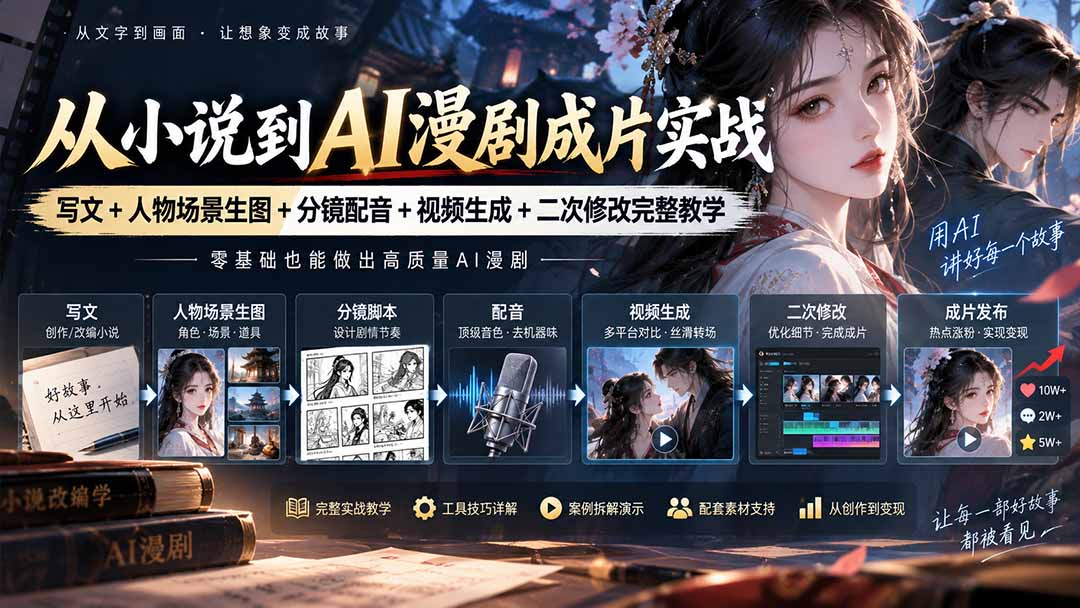 (20577期)从小说到AI漫剧成片实战:写文+人物场景生图+分镜配音+视频生成+二次修改完整教学-知创网
