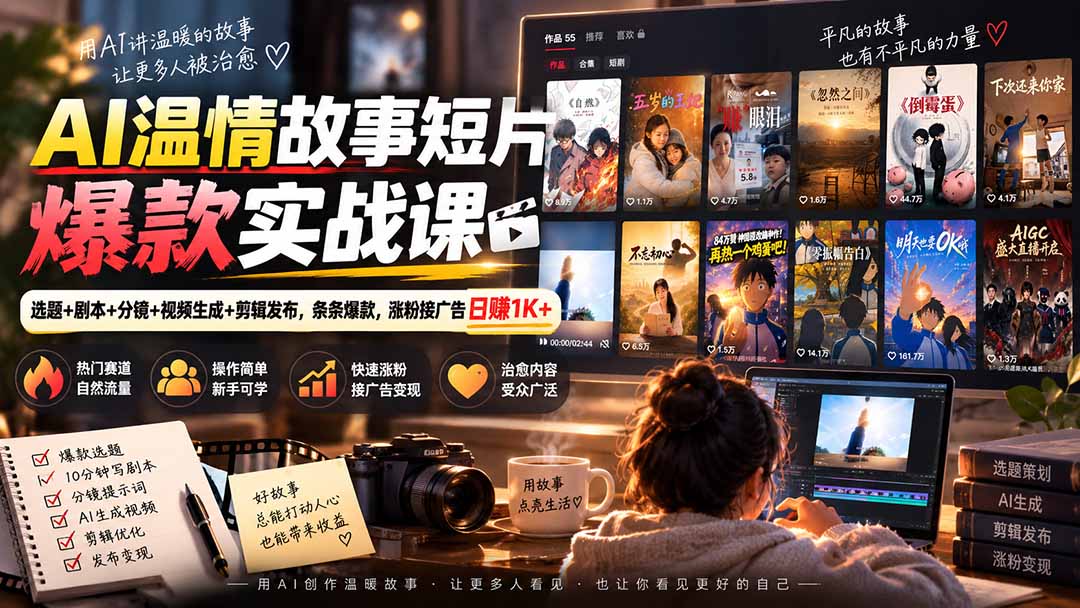 (20477期)AI温情故事短片爆款实战课-更新|选题+剧本+分镜+视频生成+剪辑发布,条条爆款,涨粉接广告日赚1K+-知创网