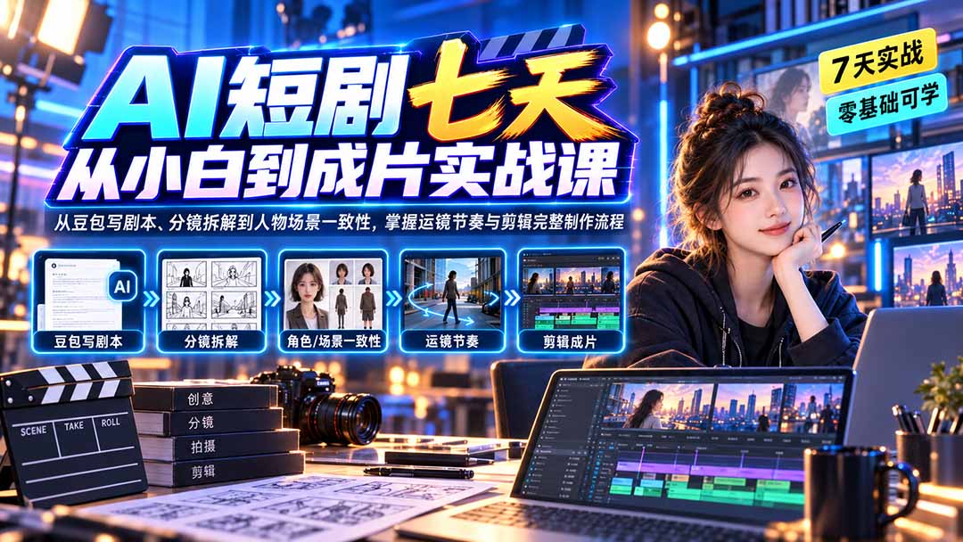 (20329期)AI短剧七天从小白到成片实战课:从豆包写剧本、分镜拆解到人物场景一致性,掌握运镜节奏与剪辑完整制作流程-知创网