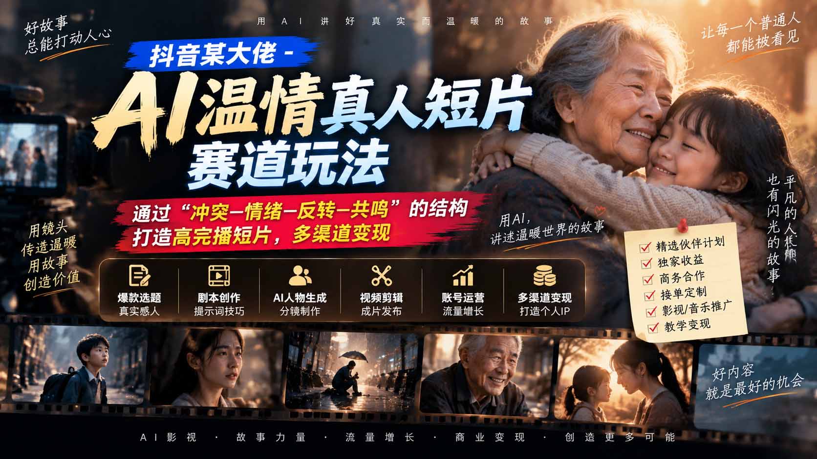 （20538期）抖音某大佬-AI温情真人短片赛道玩法：通过“冲突—情绪—反转—共鸣”的结构打造高完播短片，多渠道变现-知创网