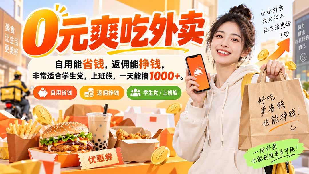 (20309期)0元爽吃外卖,自用能省钱,返佣能挣钱,非常适合学生党,上班族,一天能搞1000+-知创网