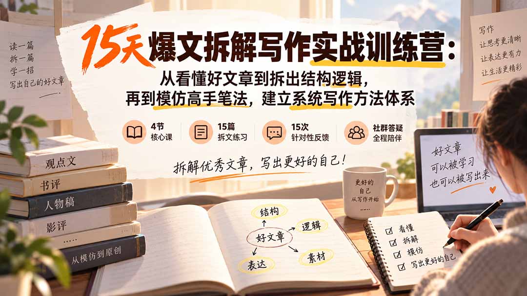 (20271期)15天爆文拆解写作实战训练营:从看懂好文章到拆出结构逻辑,再到模仿高手笔法,建立系统写作方法体系-知创网