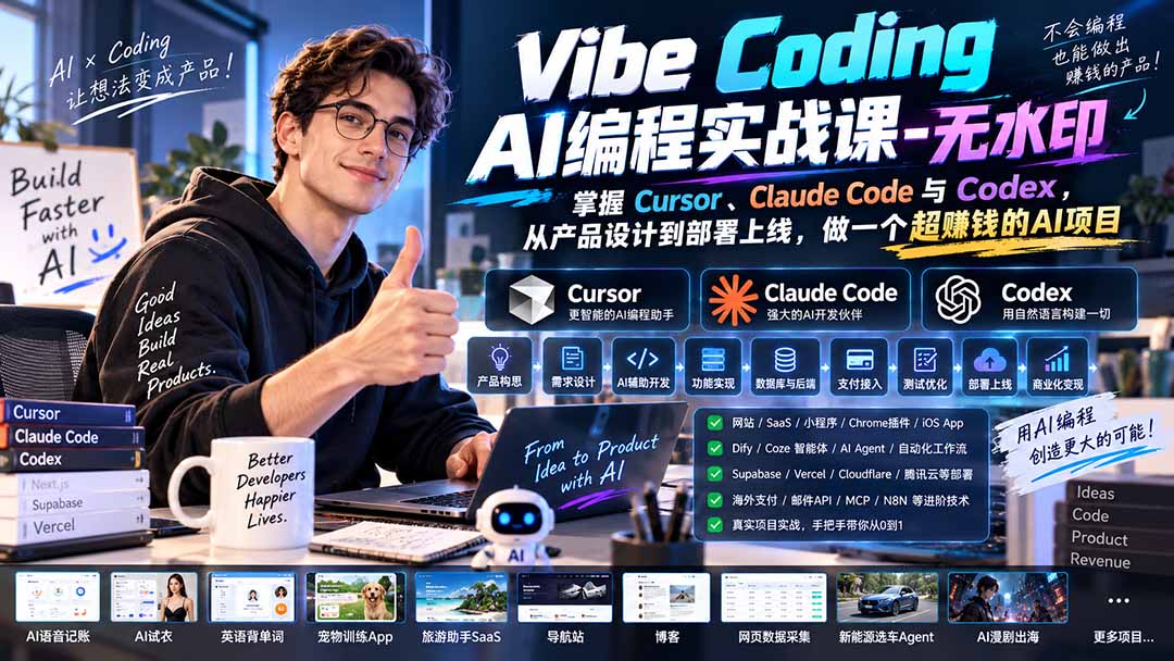 （20431期）Vibe Coding AI编程实战课-无水印：掌握Cursor、Claude Code与Codex，从产品设计到部署上线，做一个超赚钱的AI项目-知创网