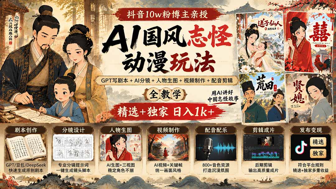 （20538期）抖音10w粉博主亲授AI国风志怪动漫玩法｜GPT写剧本+AI分镜+人物生图+视频制作+配音剪辑全教学｜精选+独家日入1k+-知创网