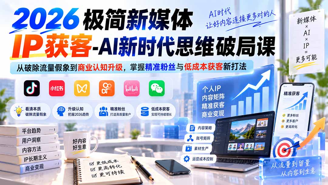 (20272期)2026极简新媒体IP获客-AI新时代思维破局课:从破除流量假象到商业认知升级,掌握精准粉丝与低成本获客新打法-知创网