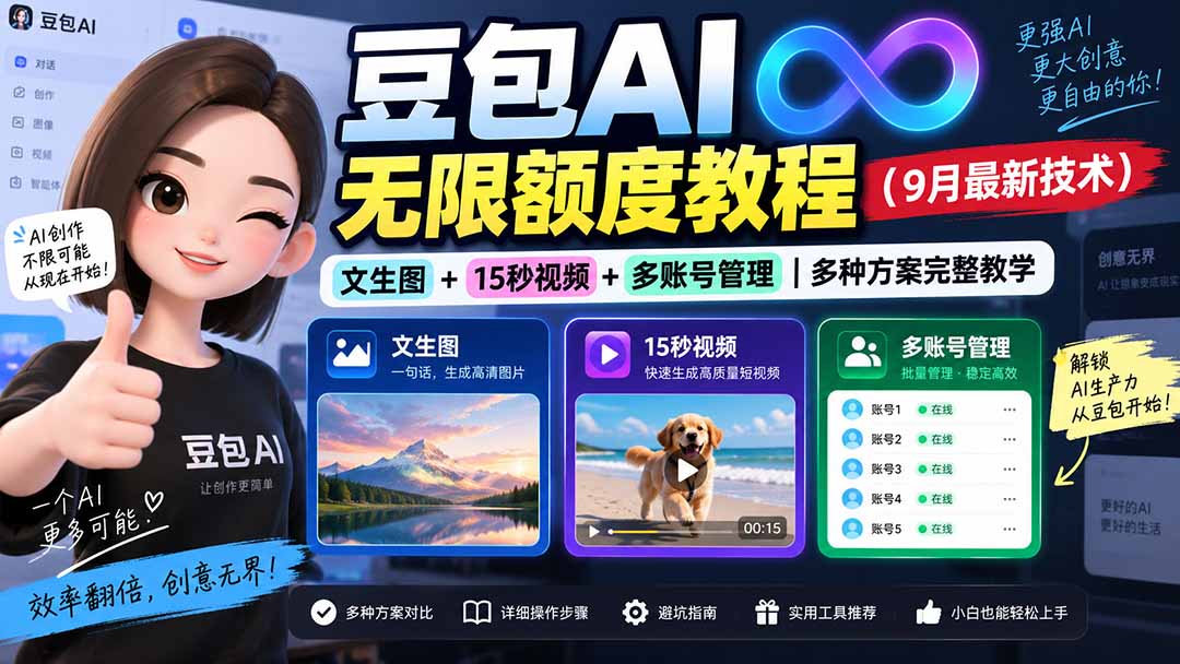 (20288期)豆包AI无限额度教程(9月最新技术)|文生图+15秒视频+多账号管理|多种方案完整教学-知创网