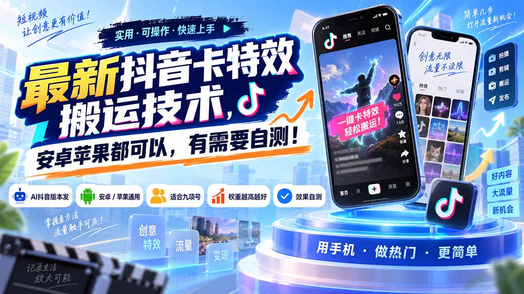 (20606期)最新抖音卡特效搬运技术,安卓苹果都可以,有需要自测!-知创网