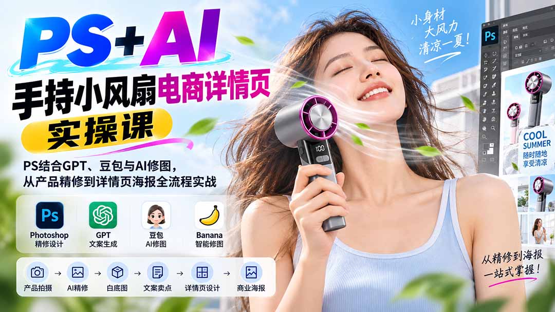 （20273期）PS+AI手持小风扇电商详情页实操课：PS结合GPT、豆包与AI修图，从产品精修到详情页海报全流程实战-知创网