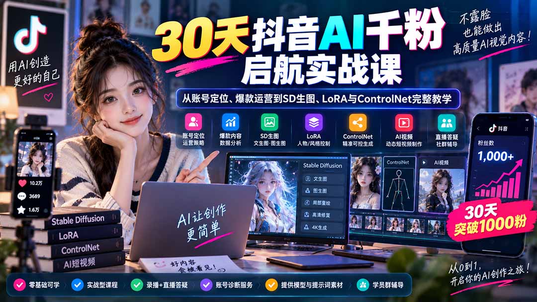 （20291期）30天抖音AI千粉启航实战课：从账号定位、爆款运营到SD生图、LoRA与ControlNet完整教学-知创网