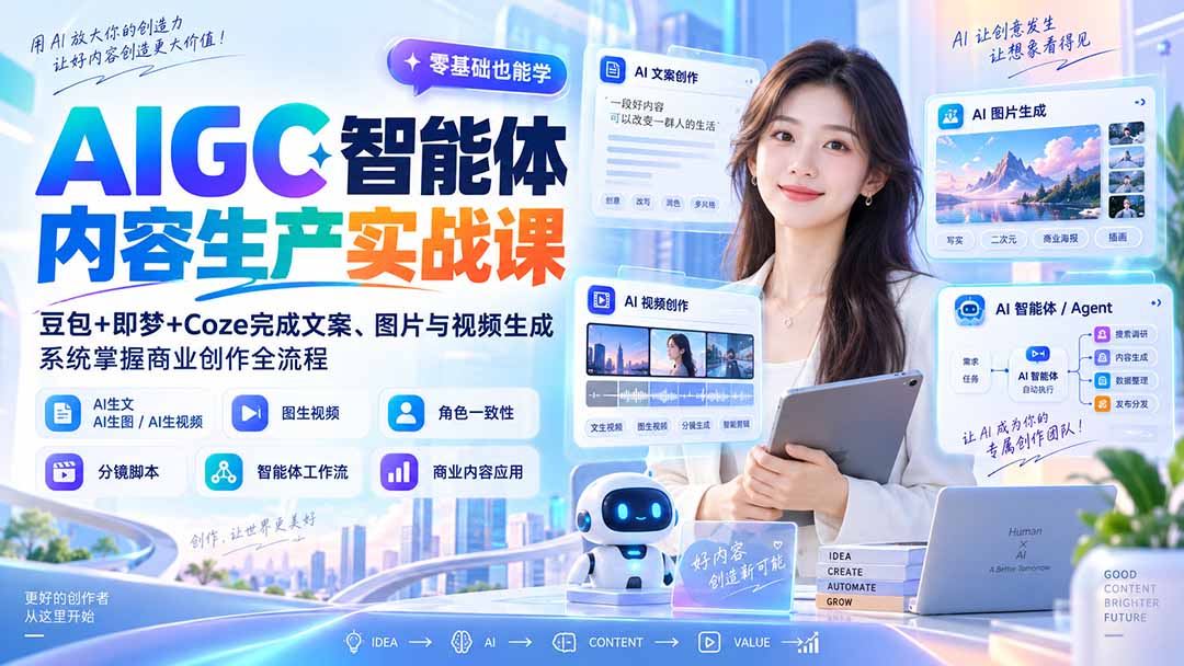 (20372期)AIGC智能体内容生产实战课:豆包+即梦+Coze完成文案、图片与视频生成,系统掌握商业创作全流程-知创网