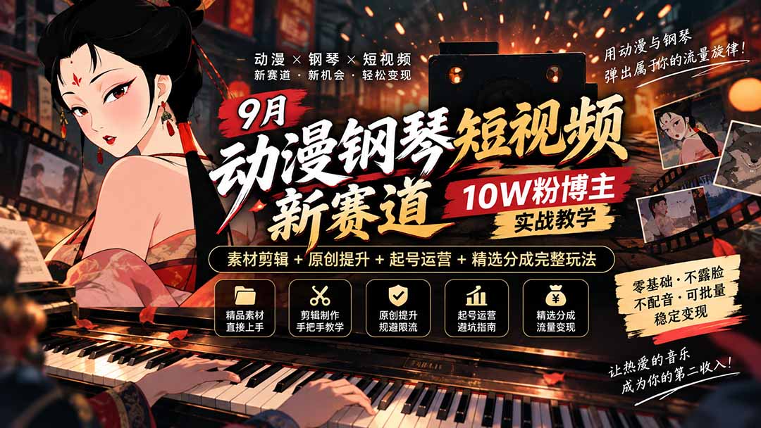 (20506期)9月动漫钢琴短视频新赛道|10W粉博主实战教学,素材剪辑+原创提升+起号运营+精选分成完整玩法-知创网