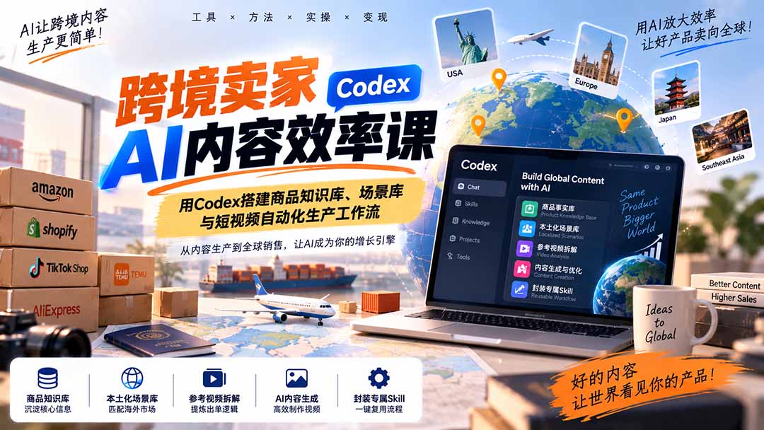 (20595期)跨境卖家AI内容效率课:用Codex搭建商品知识库、场景库与短视频自动化生产工作流-知创网