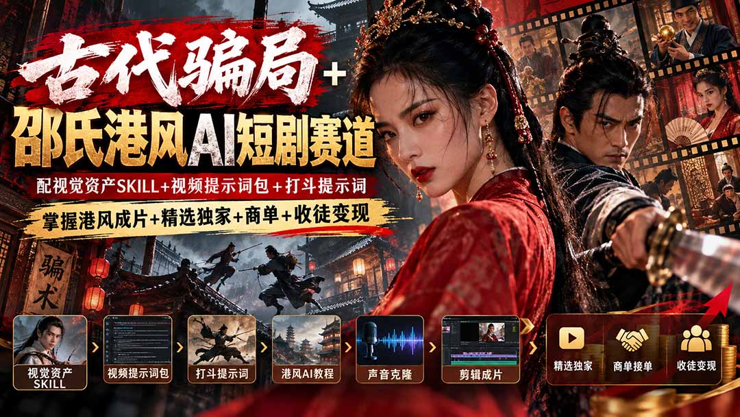 (20684期)古代骗局+邵氏港风AI短剧赛道:配视觉资产SKILL+视频提示词包+打斗提示词,掌握港风成片+精选独家+商单+收徒变现-知创网