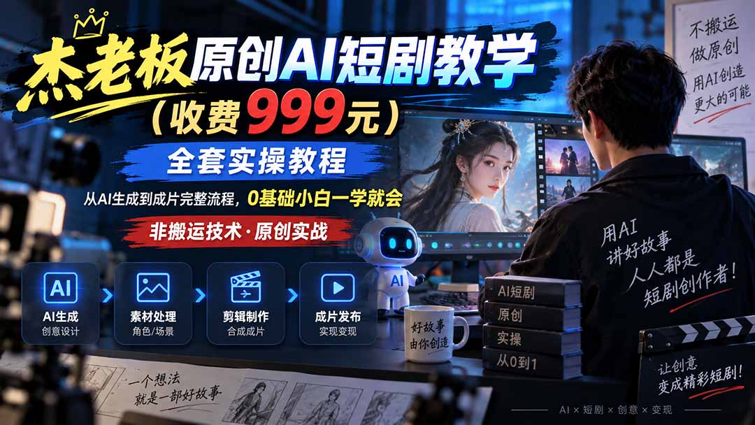 （20254期）杰老板原创AI短剧教学（收费999元），全套实操教程，0基础小白一学就会，非搬运技术-知创网