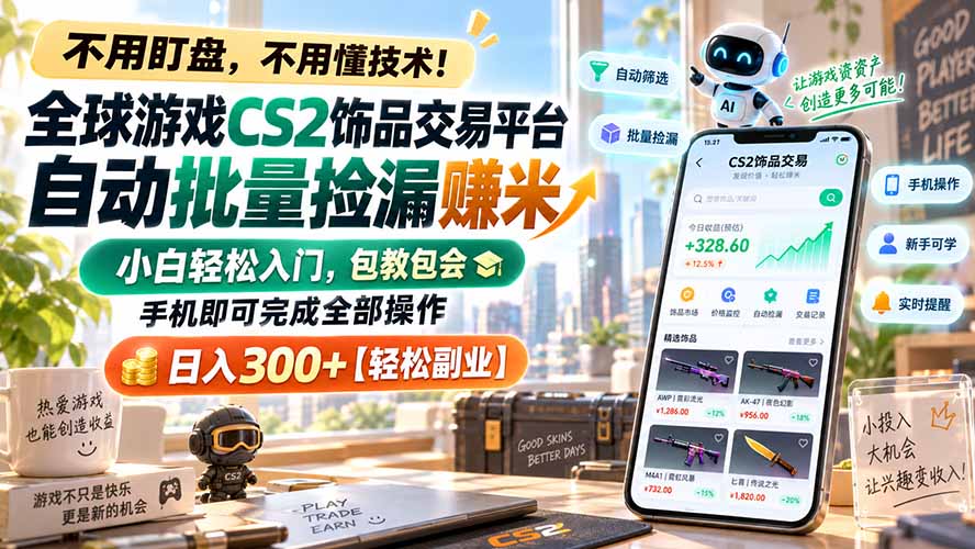(20454期)全球游戏CS2饰品交易平台自动批量捡漏赚米,小白轻松入门,包教包会,手机即可完成全部操作,日入300+【轻松副业】-知创网