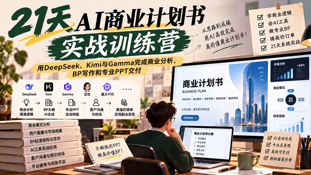 (20637期)【无水印】21天AI商业计划书实战训练营:用DeepSeek、Kimi与Gamma完成商业分析、BP写作和专业PPT交付-知创网