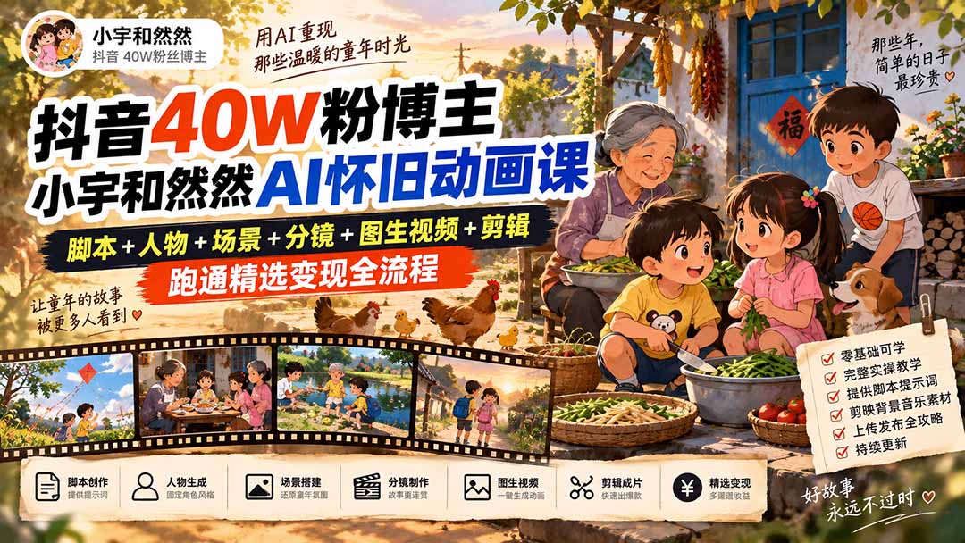 （20549期）抖音40W粉博主小宇和然然AI怀旧动画课｜脚本+人物+场景+分镜+图生视频+剪辑，跑通精选变现全流程-知创网