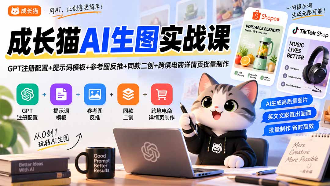 (20482期)成长猫AI生图实战课|GPT注册配置+提示词模板+参考图反推+同款二创+跨境电商详情页批量制作-知创网