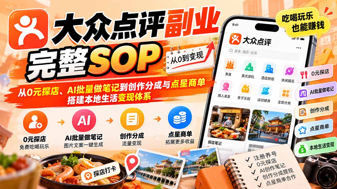 (20638期)【无水印】大众点评副业完整SOP:从0元探店、AI批量做笔记到创作分成与点星商单,搭建本地生活变现体系-知创网