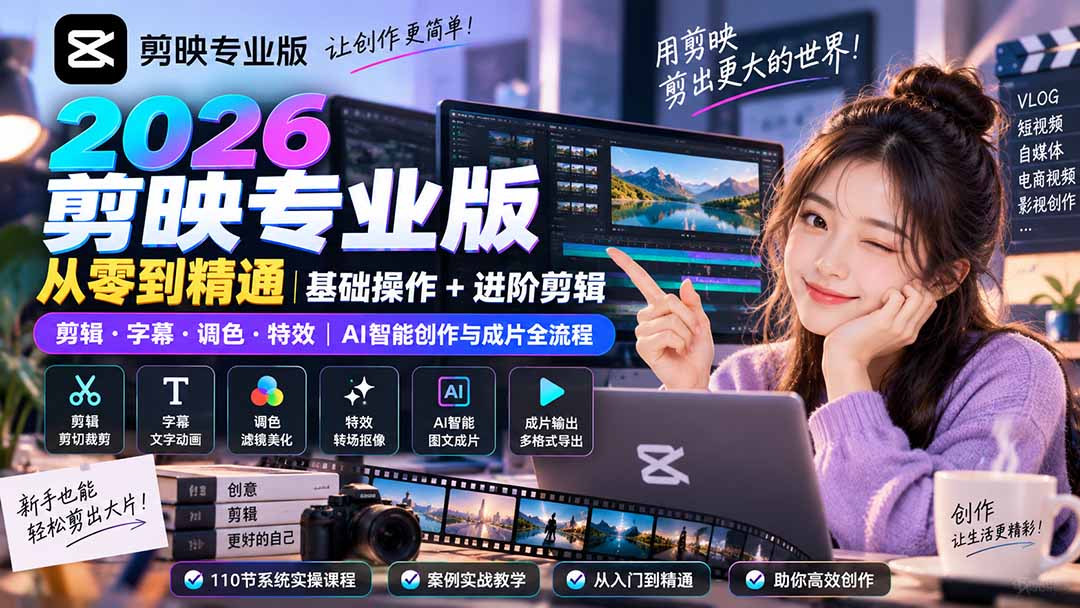(20276期)2026剪映专业版从零到精通|基础操作+进阶剪辑|剪辑·字幕·调色·特效|AI智能创作与成片全流程-知创网