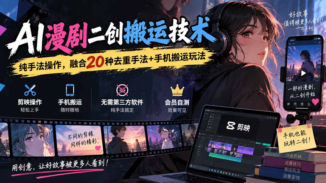 (20551期)AI漫剧二创搬运技术,纯手法操作,融合20种去重手法++手机搬运玩法-知创网