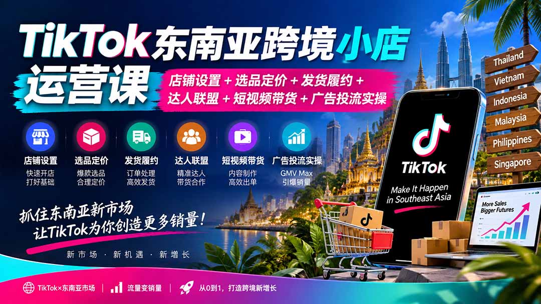 (20483期)TikTok东南亚跨境小店运营课:店铺设置+选品定价+发货履约+达人联盟+短视频带货+广告投流实操-知创网