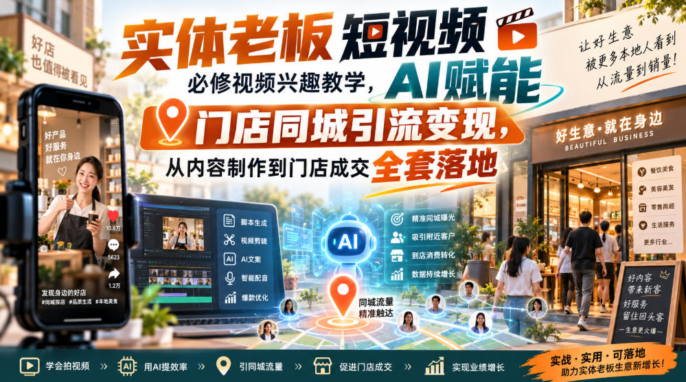 实体老板短视频必修视频兴趣教学，AI赋能门店同城引流变现，AI+短视频+直播打爆实体客流量-知创网