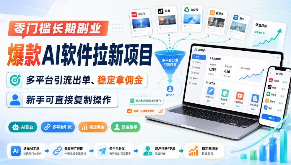 零门槛长期副业，爆款AI软件拉新项目，多平台引流出单、稳定拿佣金，新手可直接复制操作-知创网