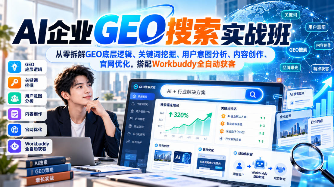 AI企业GEO搜索实战班，从零拆解GEO底层逻辑、关键词挖掘、用户意图分析、内容创作、官网优化，搭配Workbuddy全自动获客-知创网