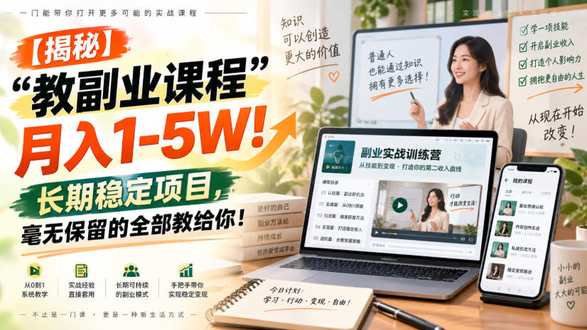 【揭秘】“教副业课程”月入1-5W！长期稳定项目，毫无保留的全部教给你！-知创网