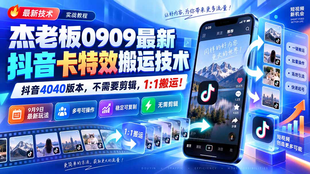 （20369期）杰老板0909最新抖音卡特效搬运技术，抖音4040版本，不需要剪辑，1:1搬运！-知创网
